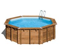 Piscina elevada de madera marrón redonda 3.76x3.76x1.33 m con depuradora de arena y escalera de tijeras gre