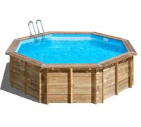 Piscina elevada de madera marrón redonda 4.42x4.42x1.24 m con depuradora de arena y escalera de tijeras gre