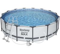 Piscina elevada redonda Steel Pro MAX, con sistema de filtración por cartucho, escalera, cubierta y dimensiones de 4,57 metros de diámetro y 1,07 metros de altura