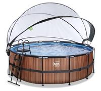 Piscina EXIT Wood ø427x122cm con bomba de filtrado de arena y cúpula y bomba de calor, color marrón