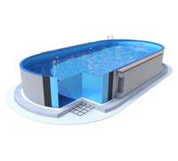Piscina Ibiza ovalada: 4,16 x 8,00 x 1,20 metros. Paredes grises de 0,6 mm de grosor, con orificios para el skimmer y el chorro de retorno, y barras inferiores. SIN barras superiores. Modelo P1/P3