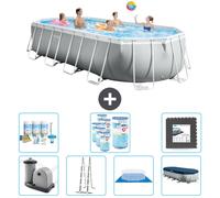 Piscina Intex Oval Prism Frame – 610 x 305 x 122 cm – Gris – Incluye bomba, escalera, liner, cubierta y kit de mantenimiento. También incluye filtro y placas para el fondo