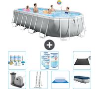 Piscina Intex Oval Prism Frame – 610 x 305 x 122 cm – Gris – Incluye bomba, escalera, liner, cubierta y kit de mantenimiento. También incluye filtro y panel solar