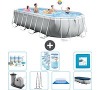 Piscina Intex Oval Prism Frame – 610 x 305 x 122 cm – Gris – Incluye bomba, escalera, liner, cubierta y kit de mantenimiento. También incluye filtro y placas para el fondo