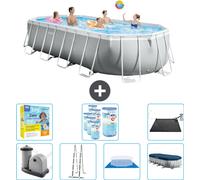 Piscina Intex Oval Prism Frame – 610 x 305 x 122 cm – Gris – Incluye bomba, escalera, liner, cubierta y kit de mantenimiento. También incluye filtro y panel solar