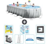 Piscina Intex Oval Prism Frame – 610 x 305 x 122 cm – Gris – Incluye bomba, escalera, liner, cubierta y kit de mantenimiento. También incluye filtro y placas para el fondo