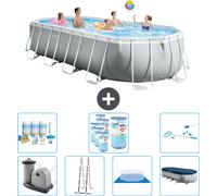 Piscina Intex Oval Prism Frame – 610 x 305 x 122 cm – Gris – Incluye bomba, escalera, liner, cubierta y kit de mantenimiento. También incluye filtro y kit de limpieza