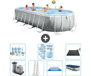 Piscina Intex Oval Prism Frame – 610 x 305 x 122 cm – Gris – Incluye bomba, escalera, liner, cubierta y kit de mantenimiento. También incluye filtro y panel solar