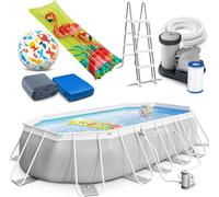 Piscina Intex Prism Frame Ovalada, 610x305x122 cm. Set completo para piscina que incluye escalera y bomba, así como accesorios adicionales como: pelota de playa y colchoneta inflable