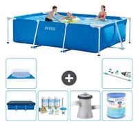 Piscina rectangular - 300 x 200 x 75 cm - Azul - Con cubierta - Incluye kit de mantenimiento: bomba para piscina, filtro, cubierta para el fondo y aspirador