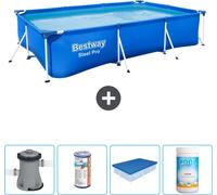 Piscina rectangular de acero Bestway Pro – 300 x 201 x 66 cm – Azul – Incluye bomba, filtro, cubierta y cloro