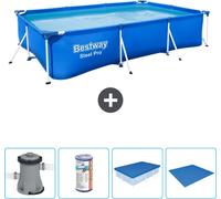 Piscina rectangular de acero Bestway Pro – 300 x 201 x 66 cm – Azul – Incluye bomba, filtro, cubierta y liner para el fondo
