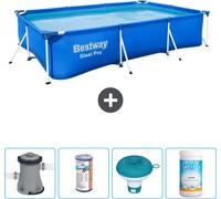Piscina rectangular de acero Bestway Pro – 300 x 201 x 66 cm – Azul – Incluye bomba, filtro, flotador para cloro y cloro