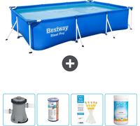 Piscina rectangular de acero Bestway Pro – 300 x 201 x 66 cm – Azul – Incluye bomba, filtro, tiras de prueba y cloro