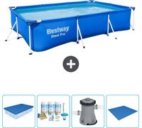 Piscina rectangular de acero Bestway Pro – 300 x 201 x 66 cm – Azul – Incluye: cubierta, kit de mantenimiento, bomba y liner (lámina para el fondo)