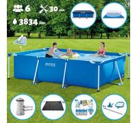 Piscina rectangular inflable, de 300 x 200 x 75 cm, color azul. Incluye: bomba, sistema de calentamiento, kit de cloro, cubierta para el fondo, lona de protección y kit de limpieza
