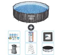 Piscina redonda de acero Bestway Pro MAX – Impresión de madera – 427 x 107 cm – Incluye bomba, escalera, cubierta, kit de mantenimiento, filtro y revestimiento para el fondo