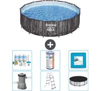 Piscina redonda de acero Bestway Pro MAX – Impresión de madera – 427 x 107 cm – Incluye bomba, escalera, cubierta, kit de mantenimiento, filtro y revestimiento para el fondo