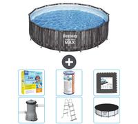 Piscina redonda de acero Bestway Pro MAX – Impresión de madera – 427 x 107 cm – Incluye bomba, escalera, cubierta, kit de mantenimiento, filtro y revestimiento para el fondo