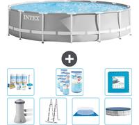 Piscina redonda Intex con estructura prismática – 427 x 107 cm – Gris – Incluye bomba, escalera, liner, cubierta y kit de mantenimiento. También incluye filtro y placas para el fondo