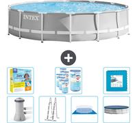 Piscina redonda Intex con estructura prismática – 427 x 107 cm – Gris – Incluye bomba, escalera, liner, cubierta y kit de mantenimiento. También incluye filtro y placas para el fondo