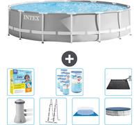 Piscina redonda Intex con estructura prismática – 427 x 107 cm – Gris – Incluye bomba, escalera, liner, cubierta y kit de mantenimiento. También incluye filtro y panel solar