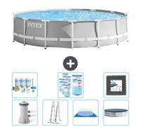 Piscina redonda Intex con estructura prismática – 427 x 107 cm – Gris – Incluye bomba, escalera, liner, cubierta y kit de mantenimiento. También incluye filtro y placas para el fondo