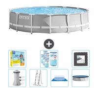 Piscina redonda Intex con estructura prismática – 427 x 107 cm – Gris – Incluye bomba, escalera, liner, cubierta y kit de mantenimiento. También incluye filtro y placas para el fondo