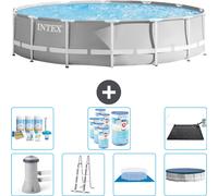 Piscina redonda Intex con estructura prismática – 427 x 107 cm – Gris – Incluye bomba, escalera, liner, cubierta y kit de mantenimiento. También incluye filtro y panel solar