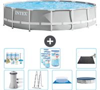 Piscina redonda Intex con estructura prismática – 457 x 107 cm – Gris – Incluye bomba, escalera, liner, cubierta y kit de mantenimiento. También incluye filtro y panel solar