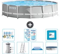 Piscina redonda Intex con estructura prismática – 457 x 107 cm – Gris – Incluye bomba, escalera, liner, cubierta y kit de mantenimiento. También incluye filtro y baldosas para el fondo