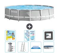 Piscina redonda Intex con estructura prismática – 457 x 107 cm – Gris – Incluye bomba, escalera, liner, cubierta y kit de mantenimiento. También incluye filtro y baldosas para el fondo