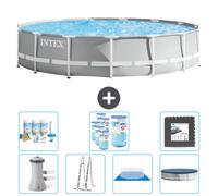 Piscina redonda Intex con estructura prismática – 457 x 107 cm – Gris – Incluye bomba, escalera, liner, cubierta y kit de mantenimiento. También incluye filtro y baldosas para el fondo