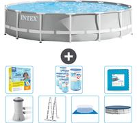 Piscina redonda Intex con estructura prismática – 457 x 107 cm – Gris – Incluye bomba, escalera, liner, cubierta y kit de mantenimiento. También incluye filtro y baldosas para el fondo