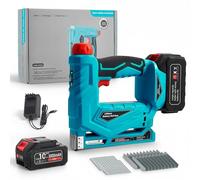 Pistola clavadora-grapadora a batería 3000mAh, profundidad regulable. Doble función: clavado y grapado. Disparo único o continuo. Ideal para madera, muebles y ensamblajes