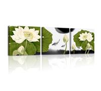 Piy Painting 3 Piezas Flor De Loto Natural Cuadros Decorativos Salon Lotos Verdes Hoja Impresiones De Lienzo Laminas Pare Pared Posters Dormitorios Quadros Decoração Pasillo Oficina 30×30cm/12×12inch