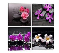 Piy Painting 4 Piezas Cuadro Lienzo Moderno, Orquídea y Guijarros Pinturas Murales Decoración, Flores Imágenes Arte de Pared Listo para Colgar Cuadros Sobre el Lienzo con Baño Dormitorio 30x30cm
