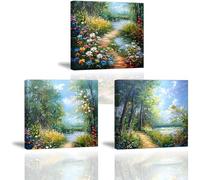 Piy Painting Cuadro en Lienzo de Paisaje, Flores al borde de la carretera, Cuadros Modernos Flores y Árboles Imagen de Lienzo, Cuadro Decoracion para Dormitorio Sala de estar, Regalo 3pz 30x30cm