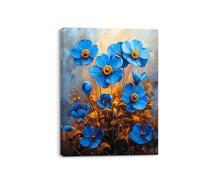 Piy Painting Impresión sobre lienzo Flores azules, Pintura sobre lienzo de flores de 30 x 40 cm, imagen en lienzo, decoración de pared para dormitorio, cocina, estudio de yoga, marco de madera