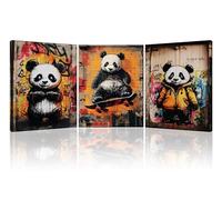 Piy Painting Impresión Sobre Lienzo Panda, Lienzo Graffiti, Animal Cuadro Decorativo, Cuadro En Lienzo Para Dormitorio Baño Entrada Vestíbulo Cafetería, 3 Piezas 30x40cm (90x40cm), Marco Interior