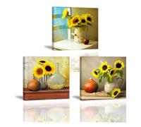 PIY PAINTING Vintage Flores Pintura Sobre Lienzo, Girasoles Abstracto Cuadros Murales, Natural Impresión En Lienzo Pasillo, Decoración De Pared, Entrada, 3 Paneles, 30x30 cm (30x90 cm), Marco Interior