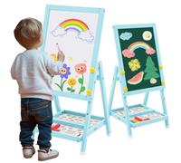 Pizarra de Madera para Niños, Art Kids Easel Caballete de Arte Mini Azul Pizarra Blanca de Doble Cara y Pizarra de Tiza Caballete Infantil con Números y Otros Accesorios para Niños y Pequeños