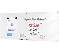 Pizarra magnética de vidrio, pizarra blanca para rotuladores de 183 cm x 91 cm, grande, montable en la pared, sin marco, con bandeja para rotuladores, un borrador y 2 rotuladores, color blanco