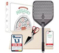 Pizza Lover Juego de piedras para pizza premium para horno y barbacoa, 4 en 1, incluye tijeras para pizza, pala perforada para pizza (anodizado duro), piedra para pizza hasta 800 °C de cordierita +