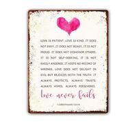 PKNVKZIDK Bible Verse Metal Tin Sign Love is Patient Love is Kind Love Never Fails Vintage Scripture Sign for Wedding Gift 8 X 12 in