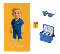 Pla Pla Pla Toalla de médicos Personalizada con muñecos Originales | Toalla muñecos Sanitarios, médicos Personalizada con tu Nombre | Regalo de Nevera y Gafas de Sol (MÉDICO Rubio)