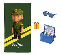 Pla Pla Pla Toalla ejército Personalizada con muñecos Originales | Toalla muñecos Militares Personalizada con tu Nombre | Regalo de Nevera y Gafas de Sol (Militar Hombre Rubio)