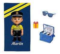 Pla Pla Pla Toalla Policía Local Personalizada. con muñecos Originales | Toalla muñecos de la policía Local Personalizada con tu Nombre | Regalo de Nevera y Gafas de Sol (POLICÍA Hombre Rubio)