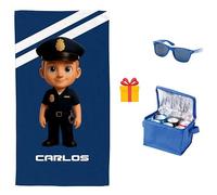 Pla Pla Pla Toalla Policía Nacional Personalizada. con muñecos Originales | Toalla muñecos de la policía Nacional Personalizada con tu Nombre | Regalo de Nevera y Gafas de Sol (POLICÍA Hombre Rubio)