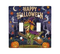 Placa de cubierta de interruptor de luz doble de dinosaurio, calabaza de temporada, escoba de Halloween, violeta, tamaño estándar, placa decorativa para el hogar, sala de estar, decoración de